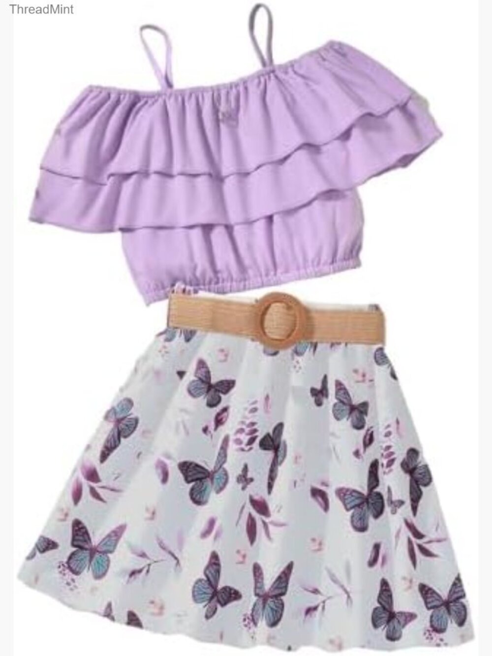 2-Piece Crop Top & Skirt Set Layered Butterfly Print Belt 7-13 Girls
